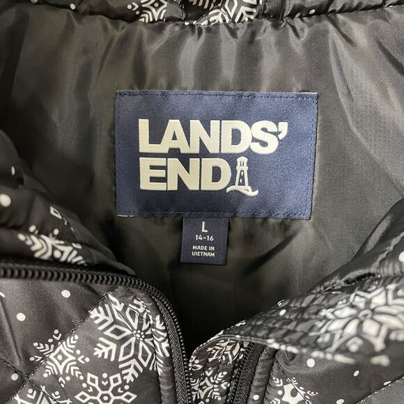 Land's End Women's Quilted Puffer Vest Black with White Snowflakes Large - Picture 4 of 9
